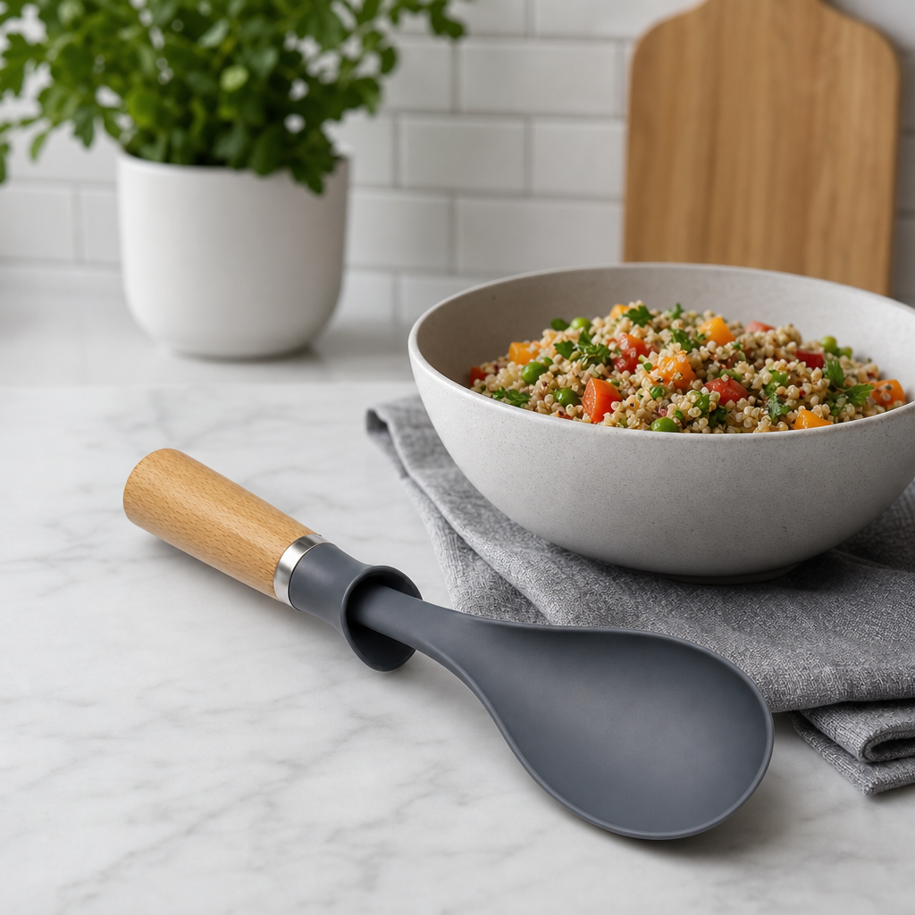 96 Pieces Self-Standing Solid Spoon with Wooden Handle, 31 cm, Gray and Natural Wood, 1 Piece