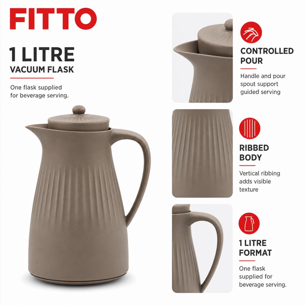 72 Pieces Ribbed Vacuum Flask with Handle and Pour Spout, 1 Litre, Brown or White, 1 Piece