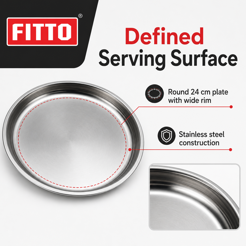 96 Pieces Stainless Steel Round Serving Plate with Wide Rim, 24 cm, 1 Piece