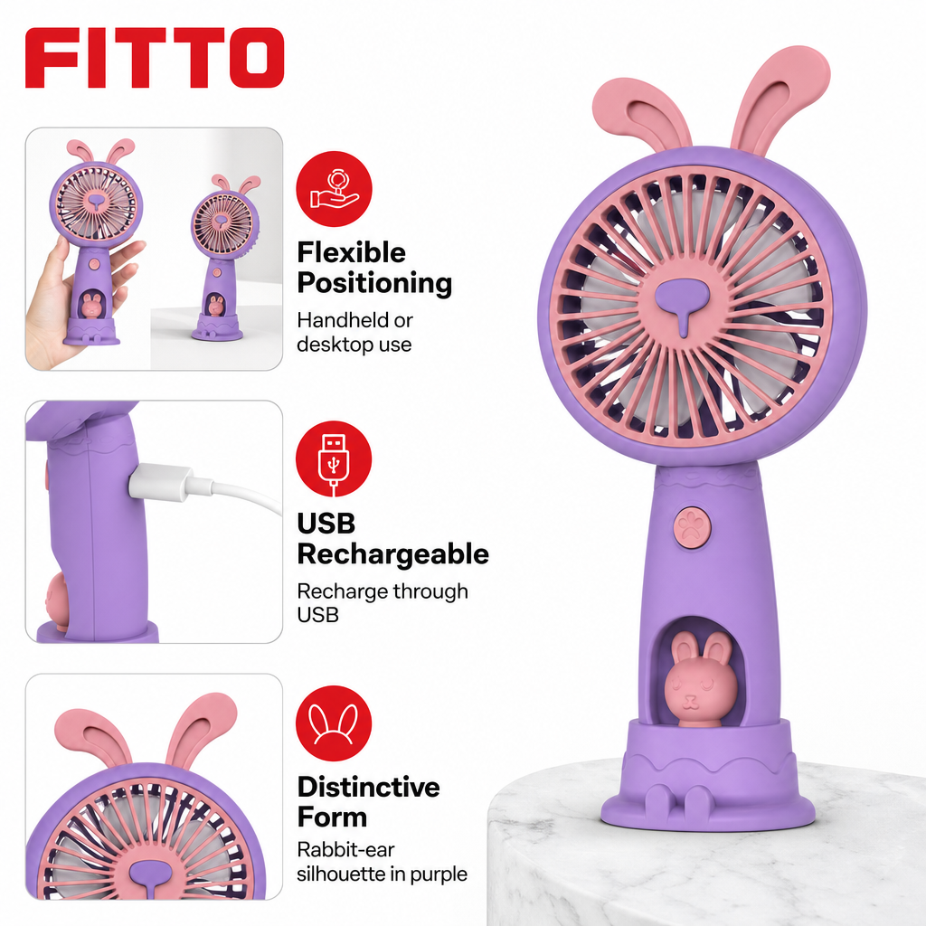 120 Pieces Mini USB Rechargeable Handheld and Desktop Fan, Rabbit-Ear Design, Purple