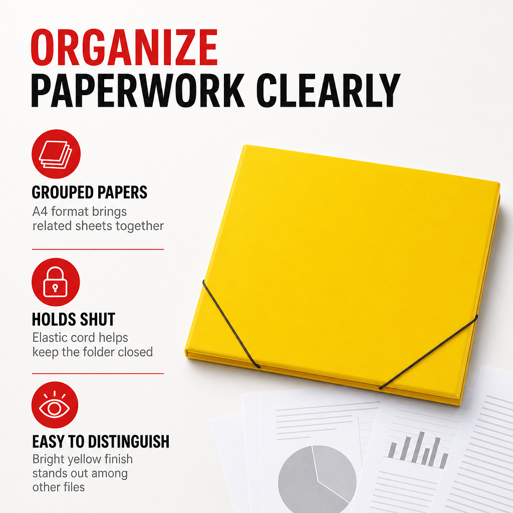 120 Pieces A4 Document Folder with Elastic Cord Closure, Yellow, 34 x 25 x 2 cm, 1 Piece