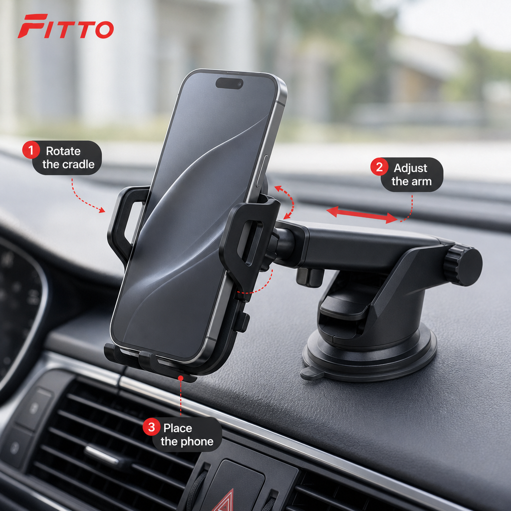96 Pieces 360° Car Phone Holder with Telescopic Suction Mount, Adjustable Rotating Cradle, Black