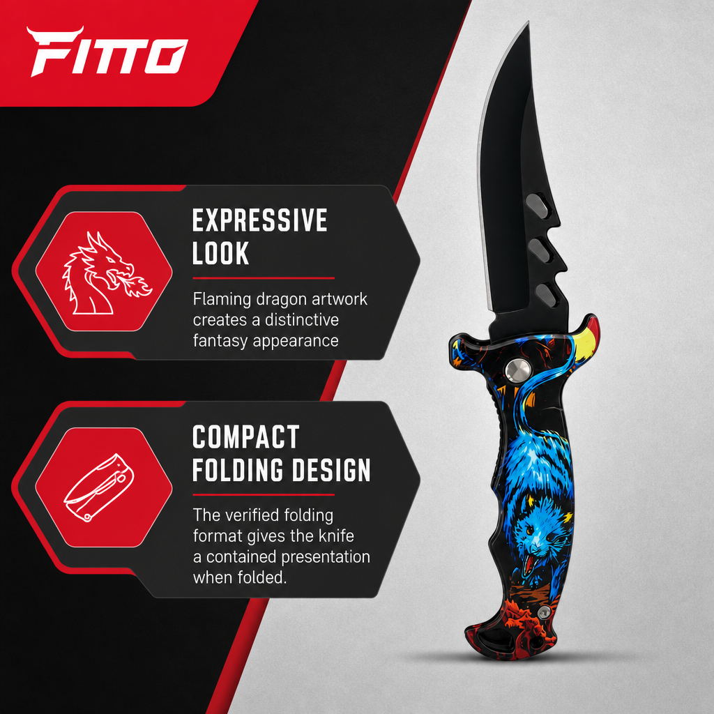 120 Pieces Fantasy Flaming Dragon Design Folding Knives, 20 cm, Black Blue Silver, 1 Piece