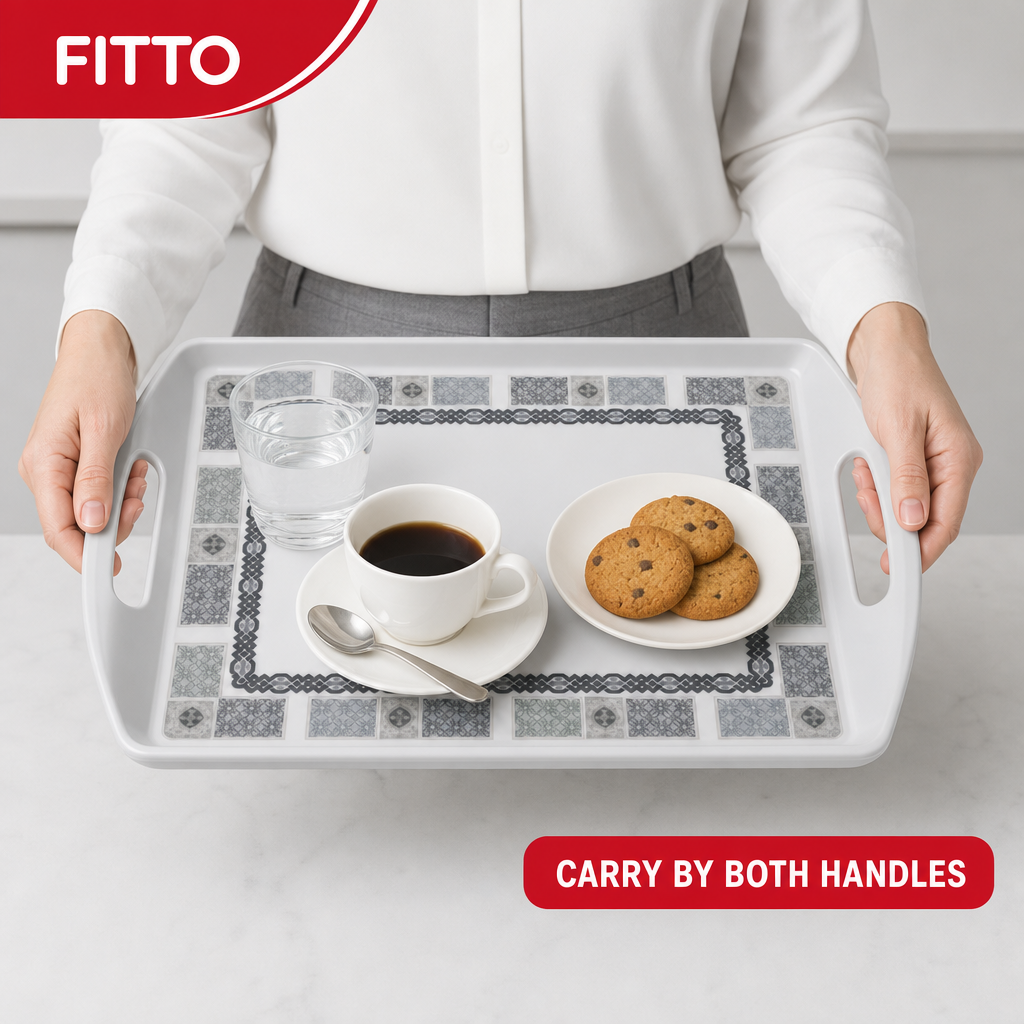 96 Pieces Melamine Serving Trays with Double Handles, Rectangular 15 Inch, Grey Geometric Border