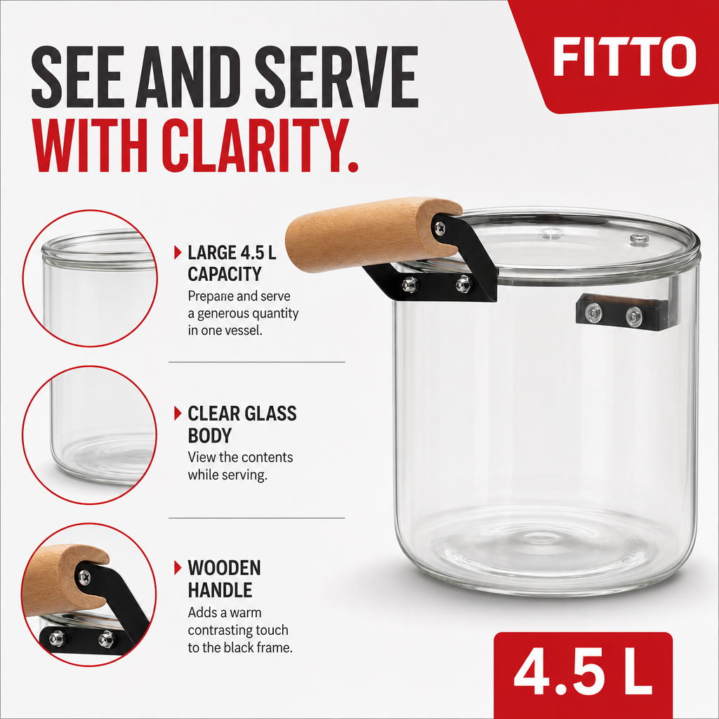 60 Pieces Glass Kettle and Teapot 4.5 L Clear and Black with Wooden Handle, 1 Piece