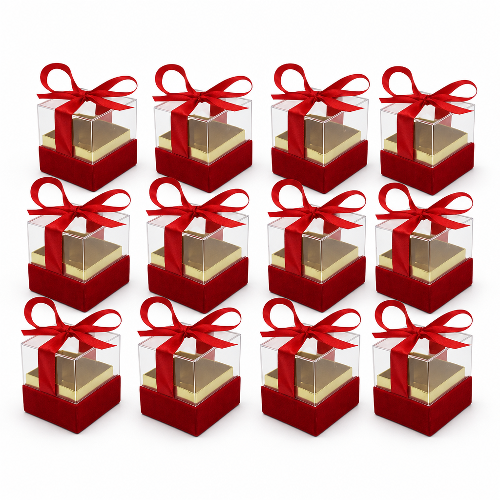 60 Pieces Red Square Acrylic Presentation Boxes with Ribbon, 6.5 x 6.5 x 7.2 cm, 12 Pieces