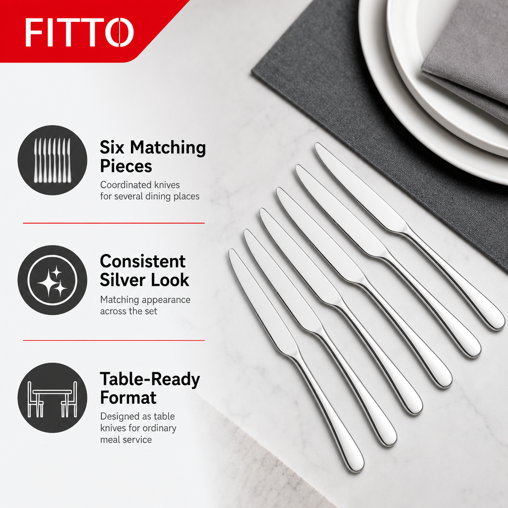 96 Pieces Stainless Steel Table Knife Sets, 6 Pieces, Silver Cutlery for Dining Tables and Everyday Meals