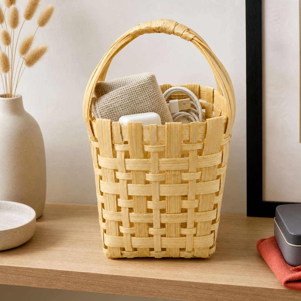 96 Pieces Handwoven Bamboo Basket with Handle, Natural Finish, 12 x 12 x 10 cm