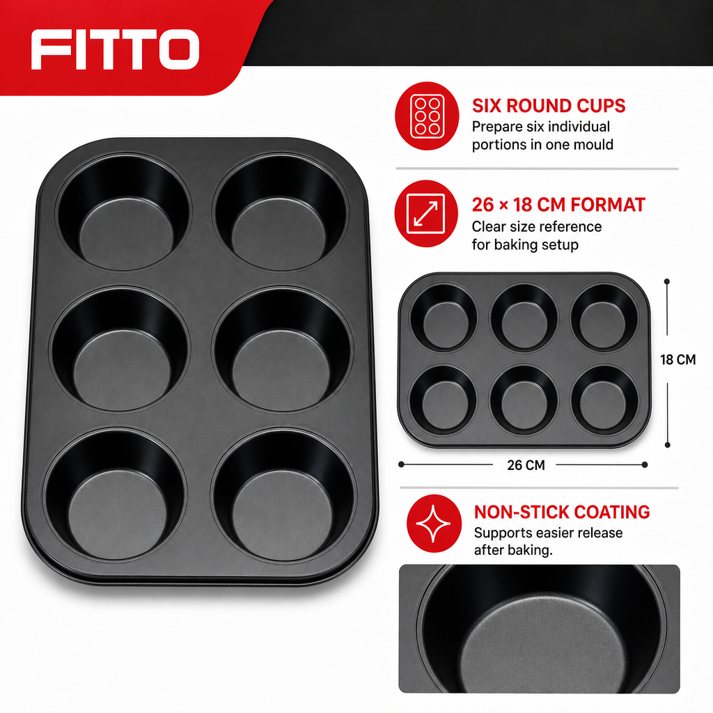 96 Pieces Cake Mold, Carbon Steel Non-Stick 6-Cup Round Bakeware, 26 × 18 cm, Black, 1 Piece