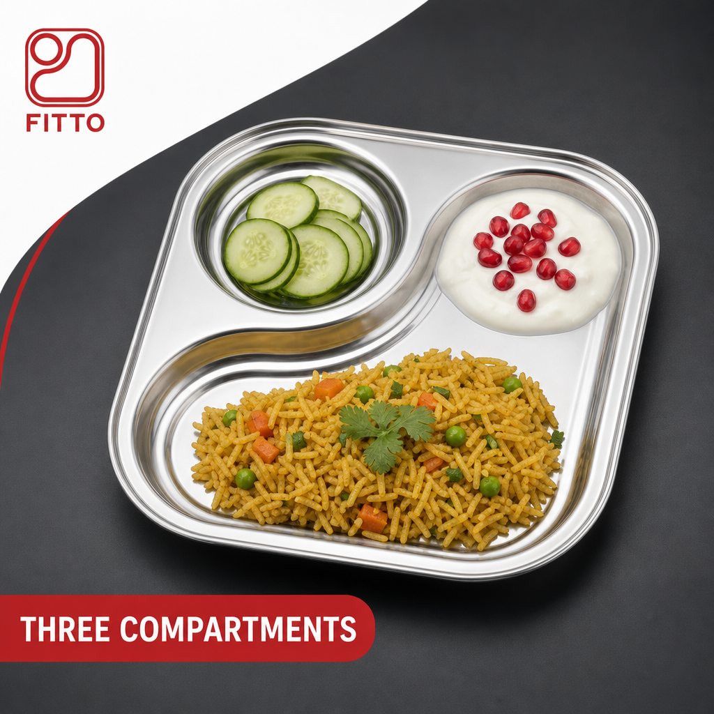 96 Pieces Stainless Steel Platter with 3 Compartments, 22 x 18 cm, Silver, 1 Piece