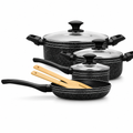 48 Pieces 7-Piece Non-Stick Cookwares Set with Glass Lids and Frying Pan, Black Granite