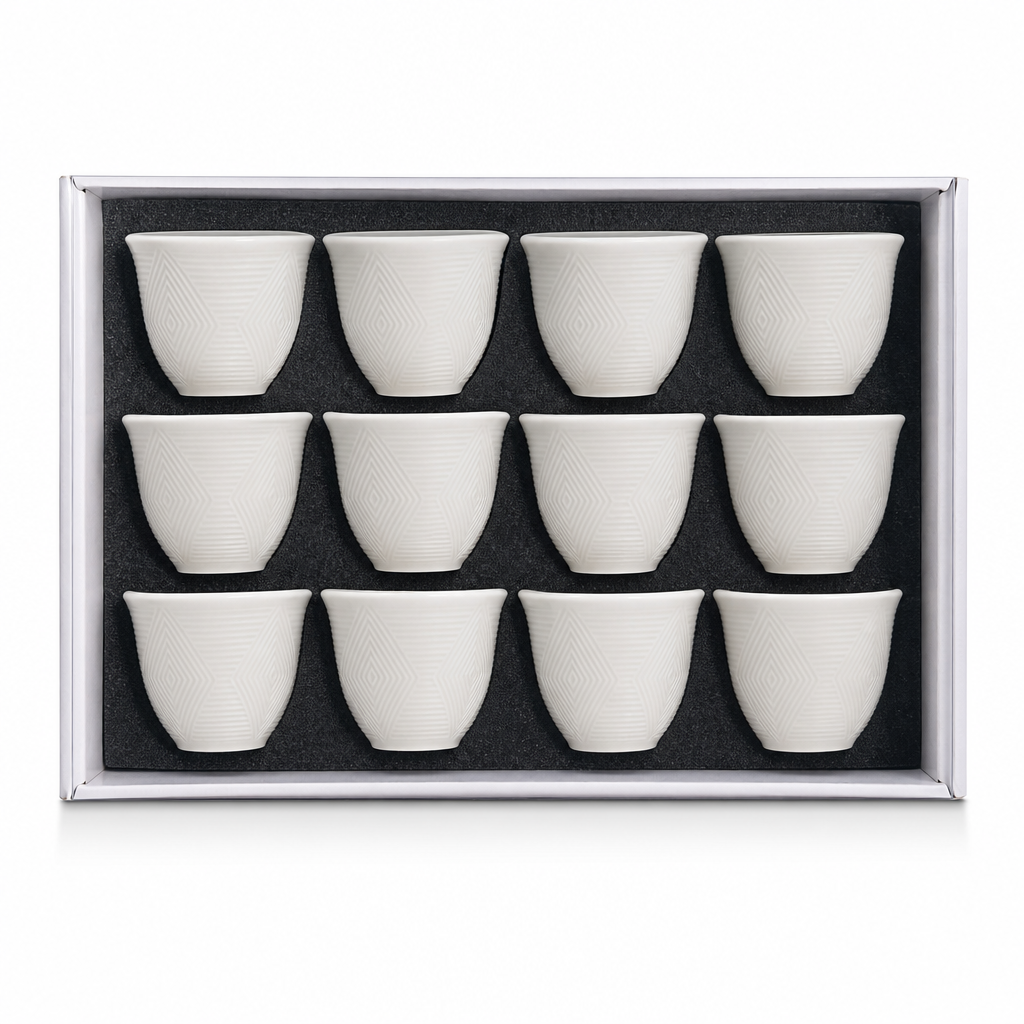 96 Pieces Ceramic Tea Cup Set, White, 12 Pieces, Textured Geometric Design for Home Tea Serving