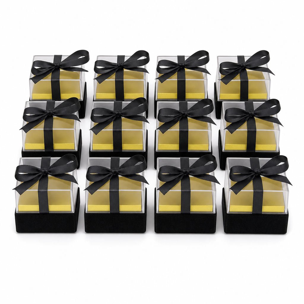 60 Pieces Acrylic Favor Boxes, Black Square Ribbon Presentation Boxes, 6.5 x 6.5 x 7.2 cm, 12 Pieces
