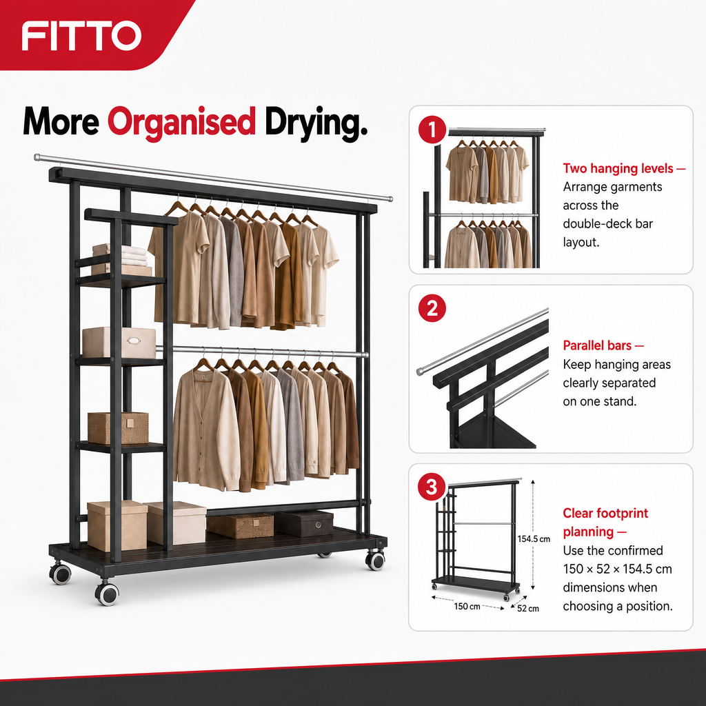 48 Pieces Clothes Drying Rack, Double-Deck Design with Parallel Bars and Side Frame, 150 × 52 × 154.5 cm