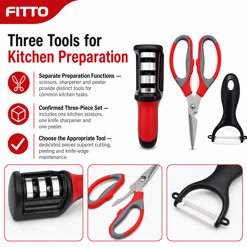 96 Pieces Kitchen Tool Set with Scissors, Knife Sharpener and Peeler, 3 Pieces
