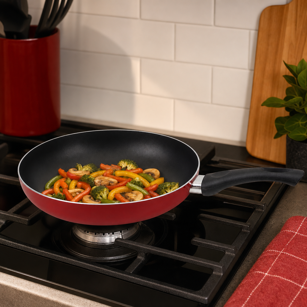 72 Pieces Aluminum Non-Stick Frying Pan, Red, 26 cm, with Black Handle