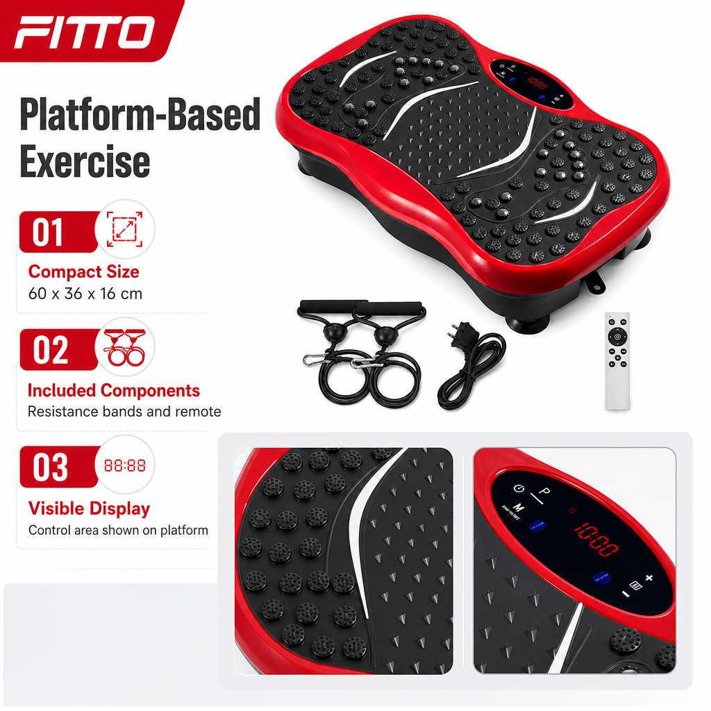 48 Pieces Vibration Exercise Platforms, Small Red Shaking Machine with Plastic Housing, Resistance Bands and Remote, 60 x 36 x 16 cm