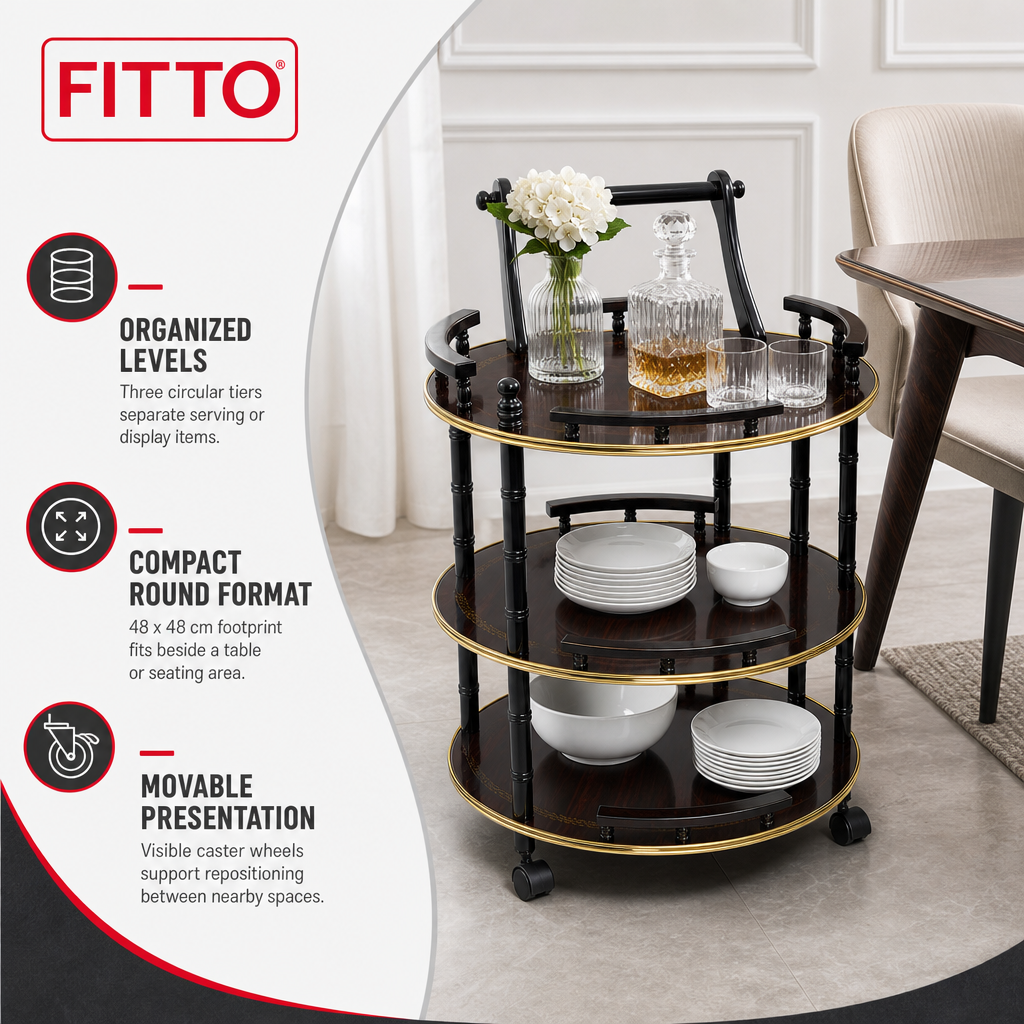 48 Pieces Three-Tier Round Serving Trolley with Metal Frame, Brown, 48 x 48 x 82 cm