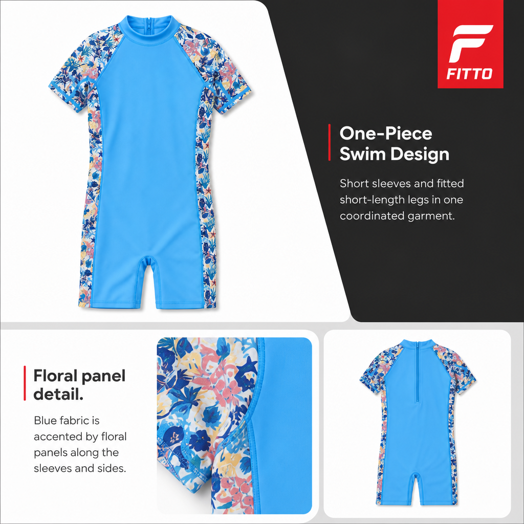 72 Pieces Blue Short-Sleeve Youth Swimming Suits with Floral Panels, Ages 7-14