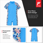 72 Pieces Blue Short-Sleeve Youth Swimming Suits with Floral Panels, Ages 7-14