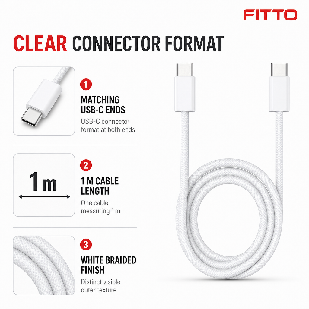 144 Pieces USB-C to USB-C Charging Cables, 1 m, White Braided Cord for Compatible USB-C Devices