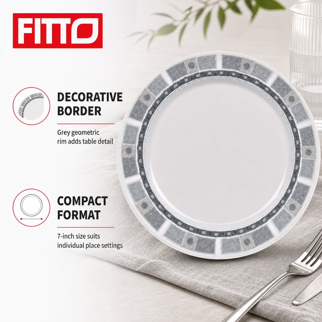144 Pieces Dinner Plate, 7 Inch, Grey Geometric Border, Single Piece