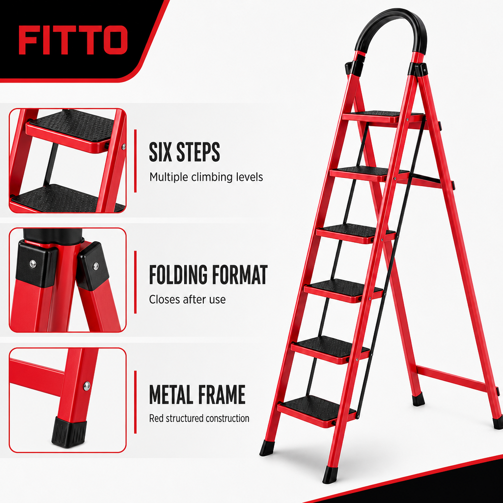 48 Pieces Folding Step Ladders, 6-Step Red Metal Ladder, Foldable Household Access Ladder, 1 Piece