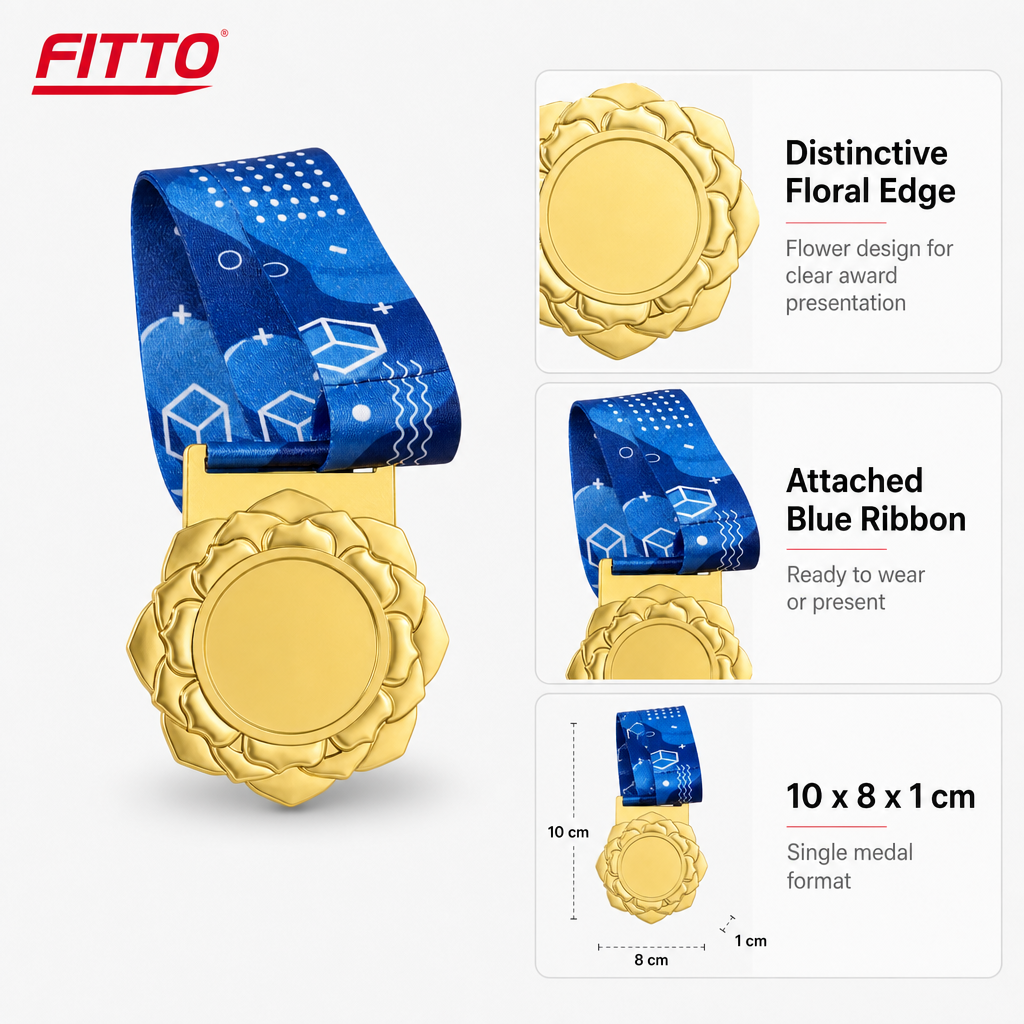 144 Pieces Flower Design Award Medal with Blue Ribbon, Gold Silver or Bronze Colour, Single Medal for Recognition Ceremonies