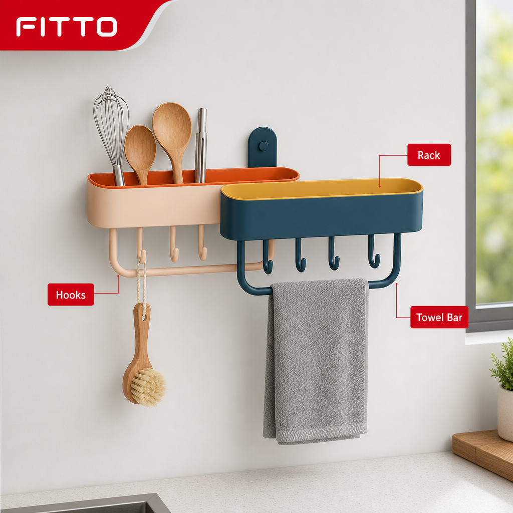 96 Pieces Wall-Mounted Multipurpose Kitchen Rack with Hooks and Towel Bar, 43 cm Organizer for Utensils and Towels