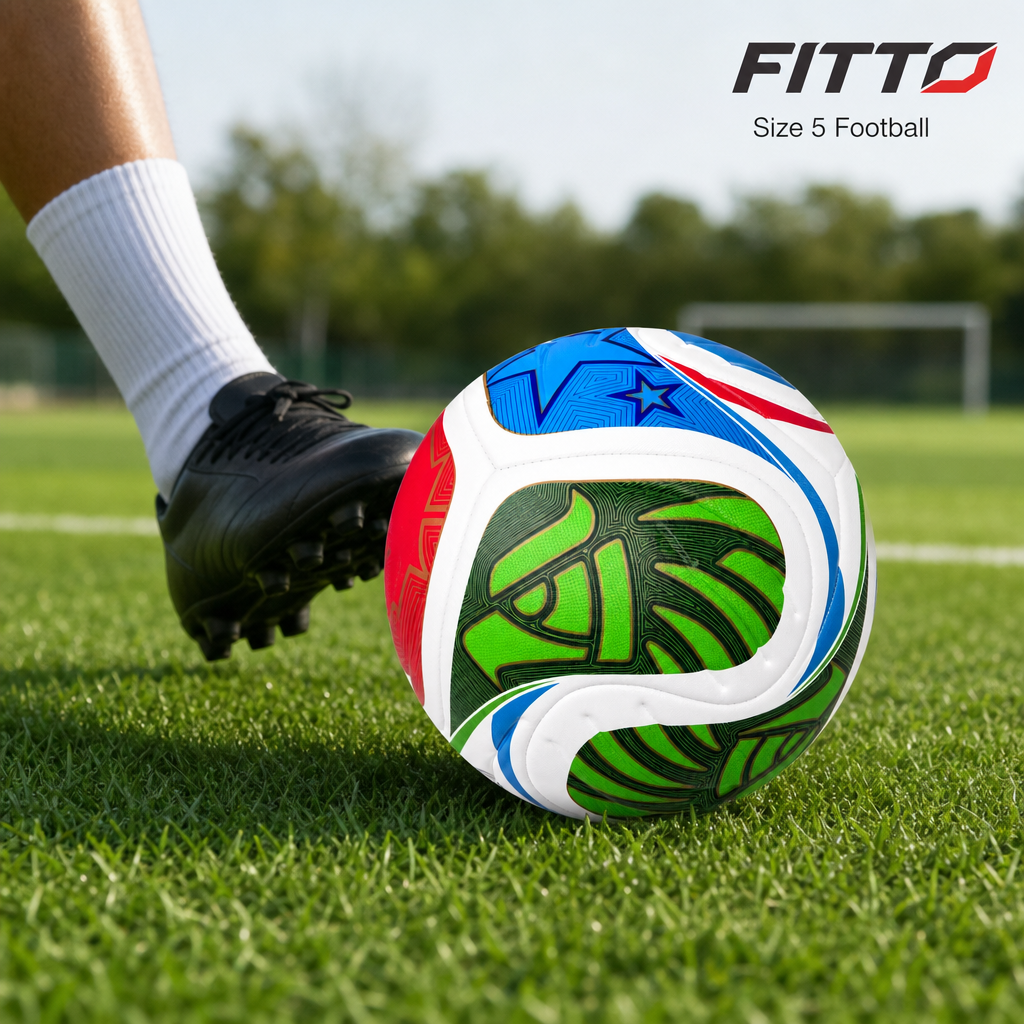 60 Pieces Size 5 Football, White with Blue, Green and Red Curved Panel Design, Single Piece