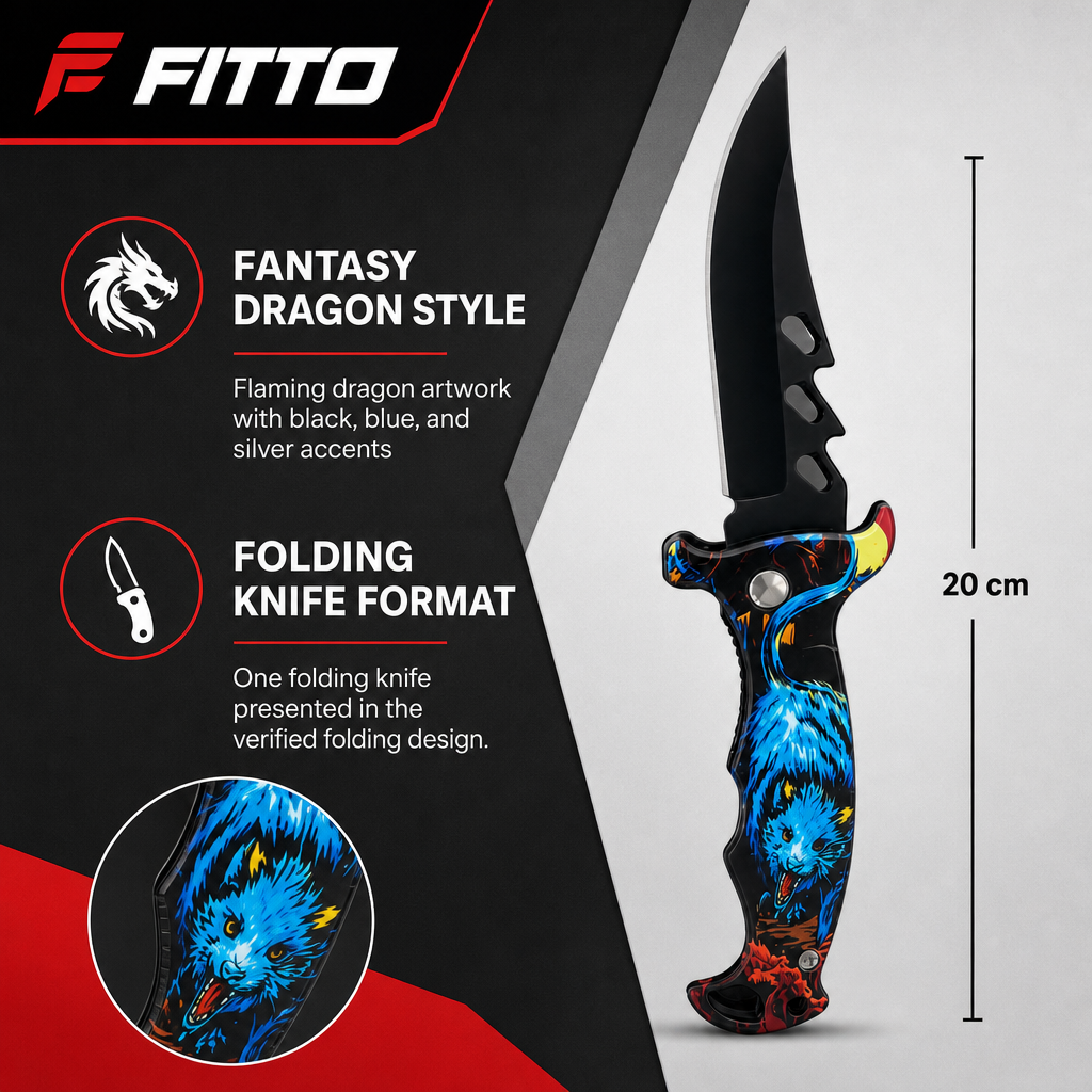 120 Pieces Fantasy Flaming Dragon Design Folding Knives, 20 cm, Black Blue Silver, 1 Piece