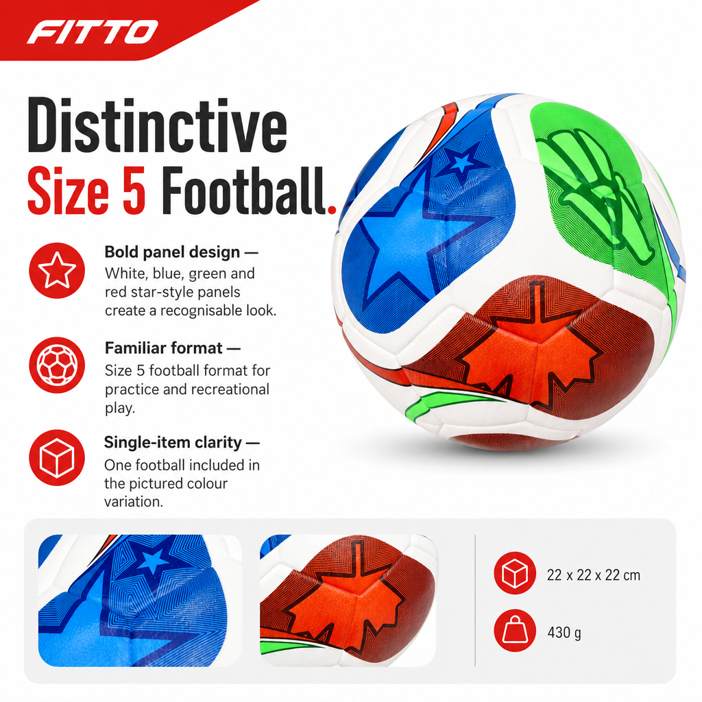 60 Pieces Football Size 5, White with Blue, Green and Red Star Panel Design, Single Ball