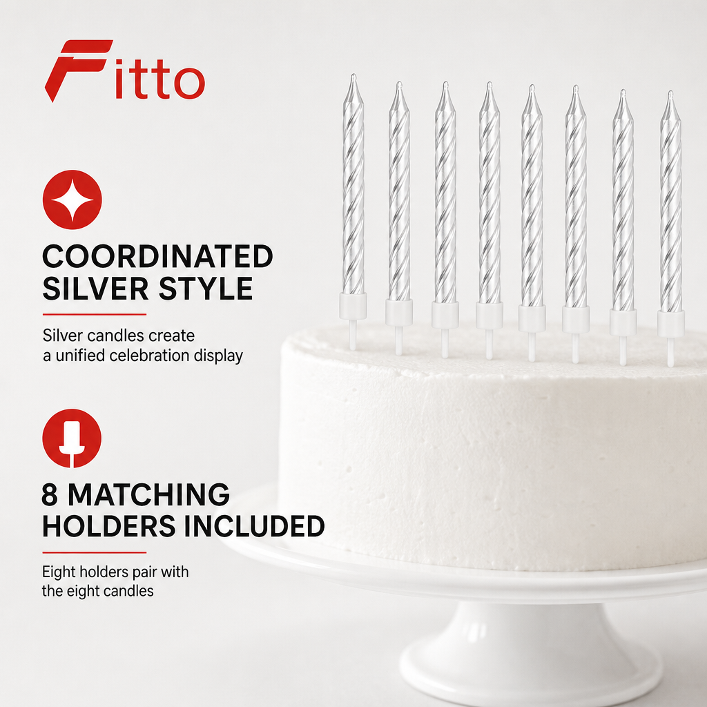 144 Pieces Silver Birthday Candles with Holders, 8-Piece Cake Decoration Set