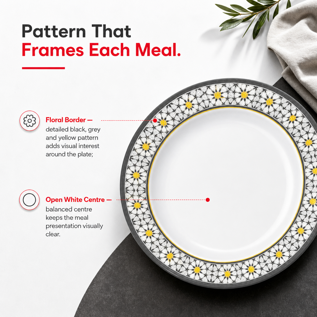 120 Pieces Melamine Dinner Plate, 10 Inch, White With Floral Border Pattern