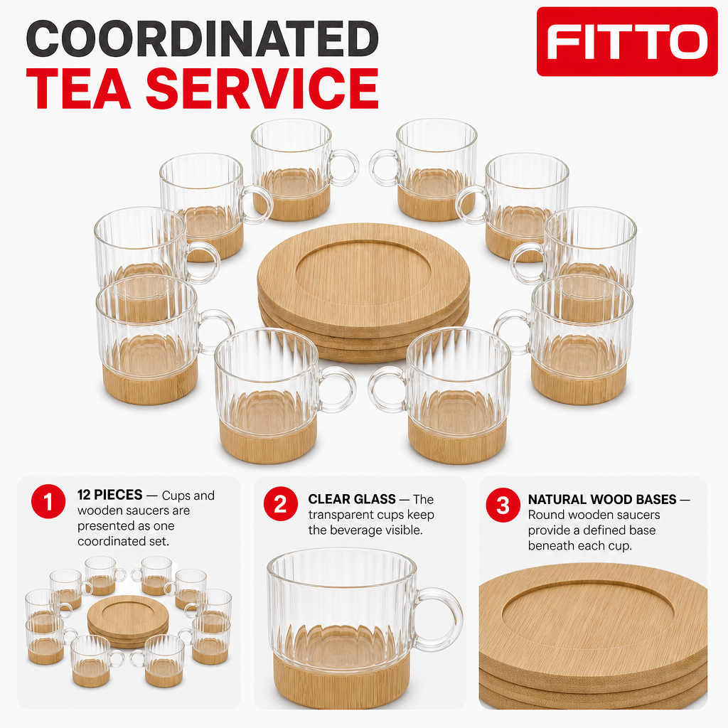 48 Pieces Tea Cup Set with Wooden Saucers, Clear Glass and Natural Wood, 12 Pieces