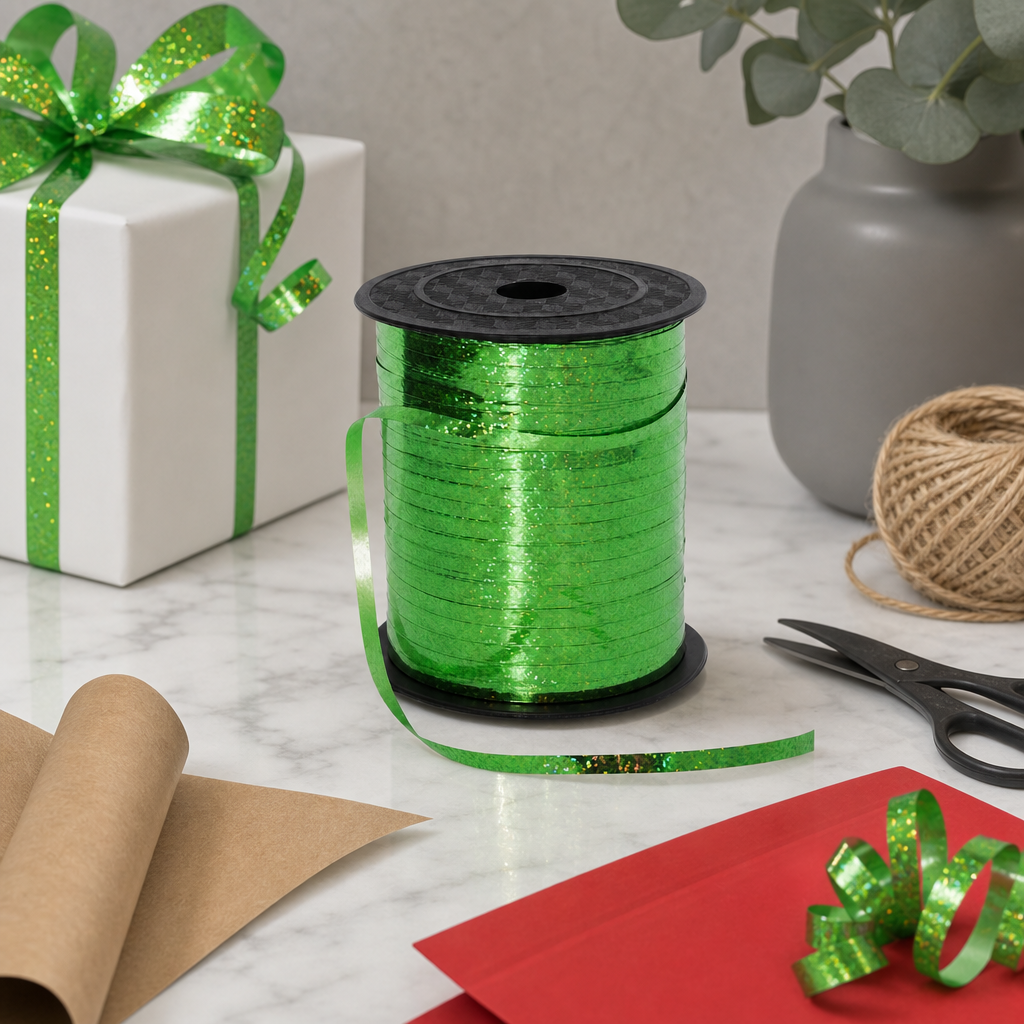 120 Pieces Green Metallic Ribbon Roll, 5 mm x 250 yd, Continuous Decorative Ribbon for Crafts and Wrapping