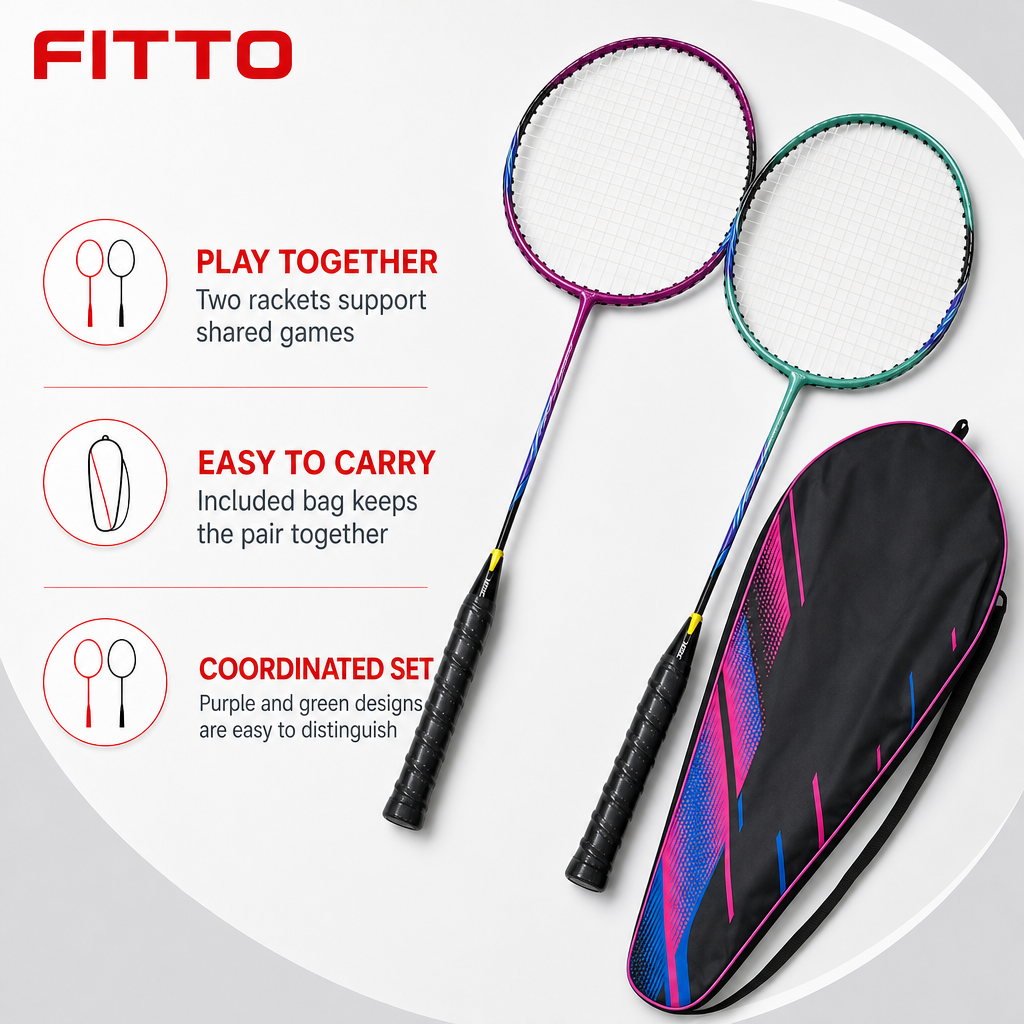 72 Pieces Badminton Racket Set with Carry Bag, 2-Piece, Purple and Green