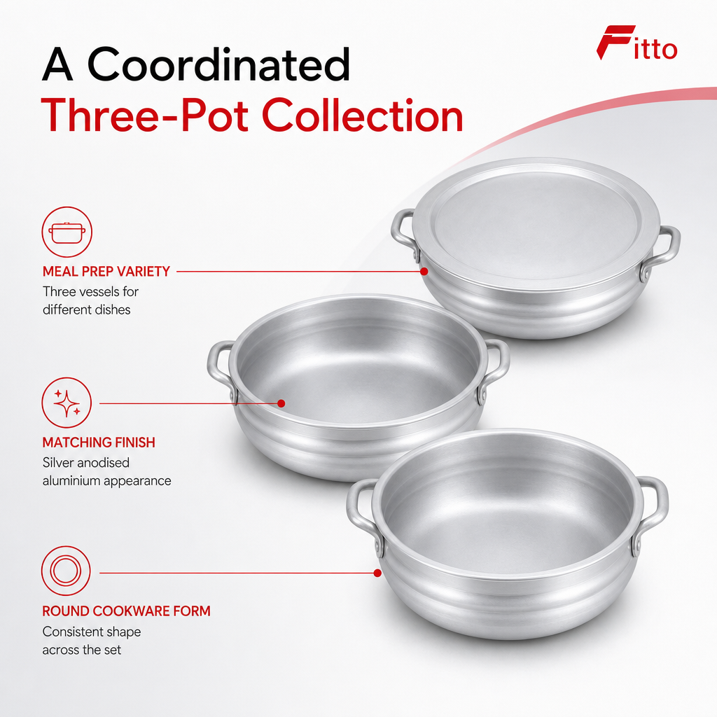48 Pieces Cookwares Set, 3-Piece Silver Round Cooking Pots, Anodised Aluminium