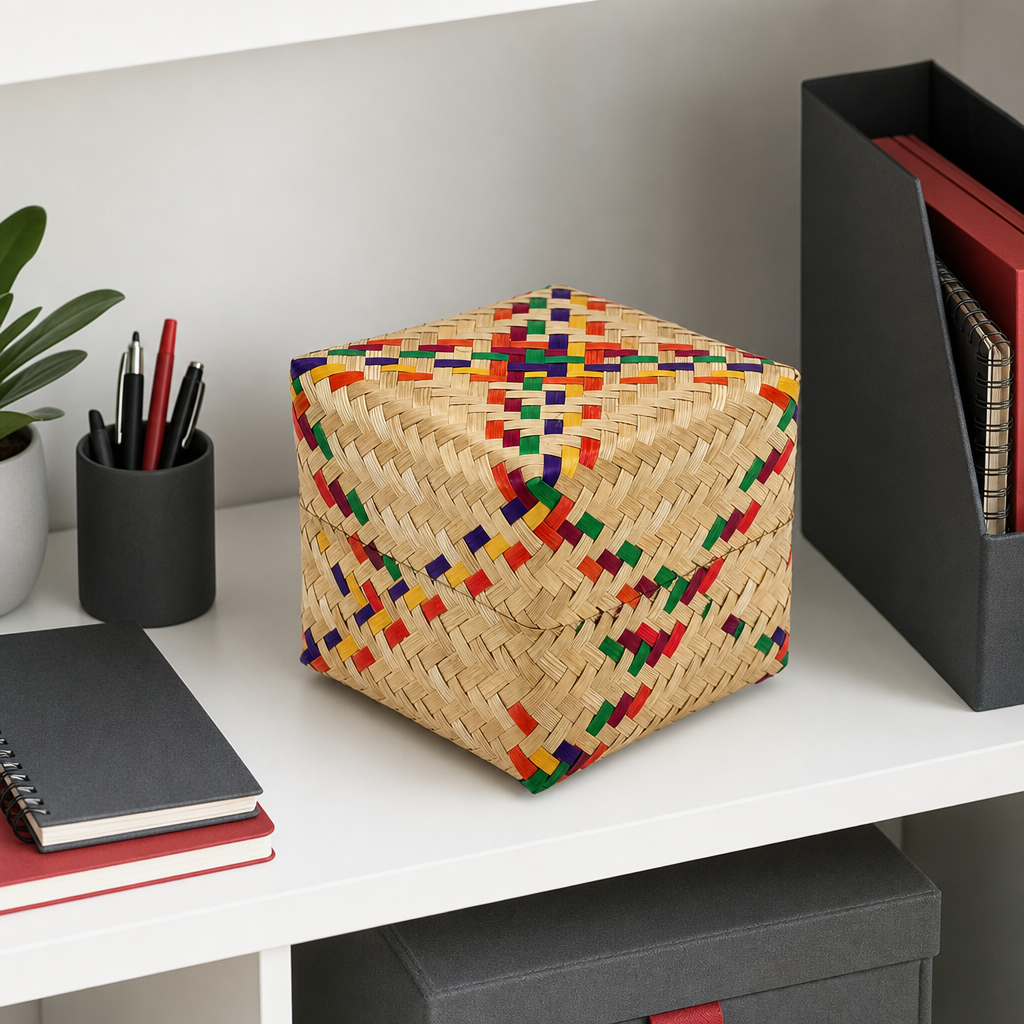 96 Pieces Woven Cube Storage Box with Lid, Multicolour Pattern, 3 x 3 Inch
