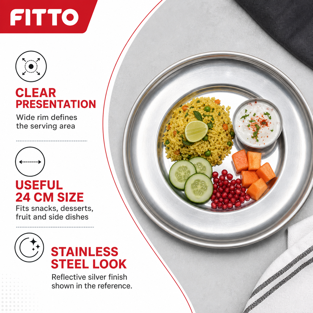120 Pieces Stainless Steel Round Serving Plate with Wide Rim, 24 cm, 1 Piece