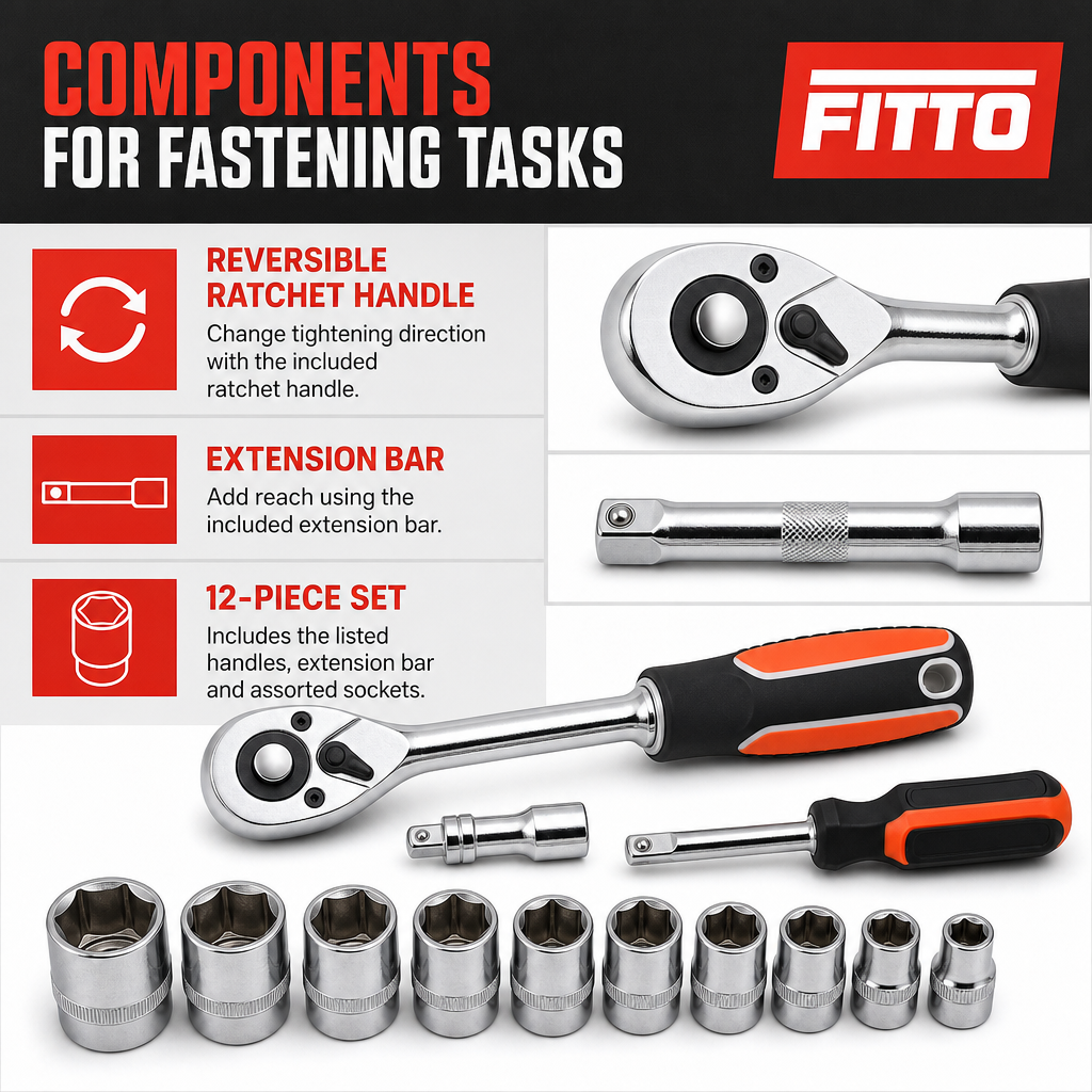 60 Pieces 1/2 Inch Drive Socket Wrench Set with Reversible Ratchet Handle, Extension Bar, Driver Handle and Assorted Sockets, 12 Piece