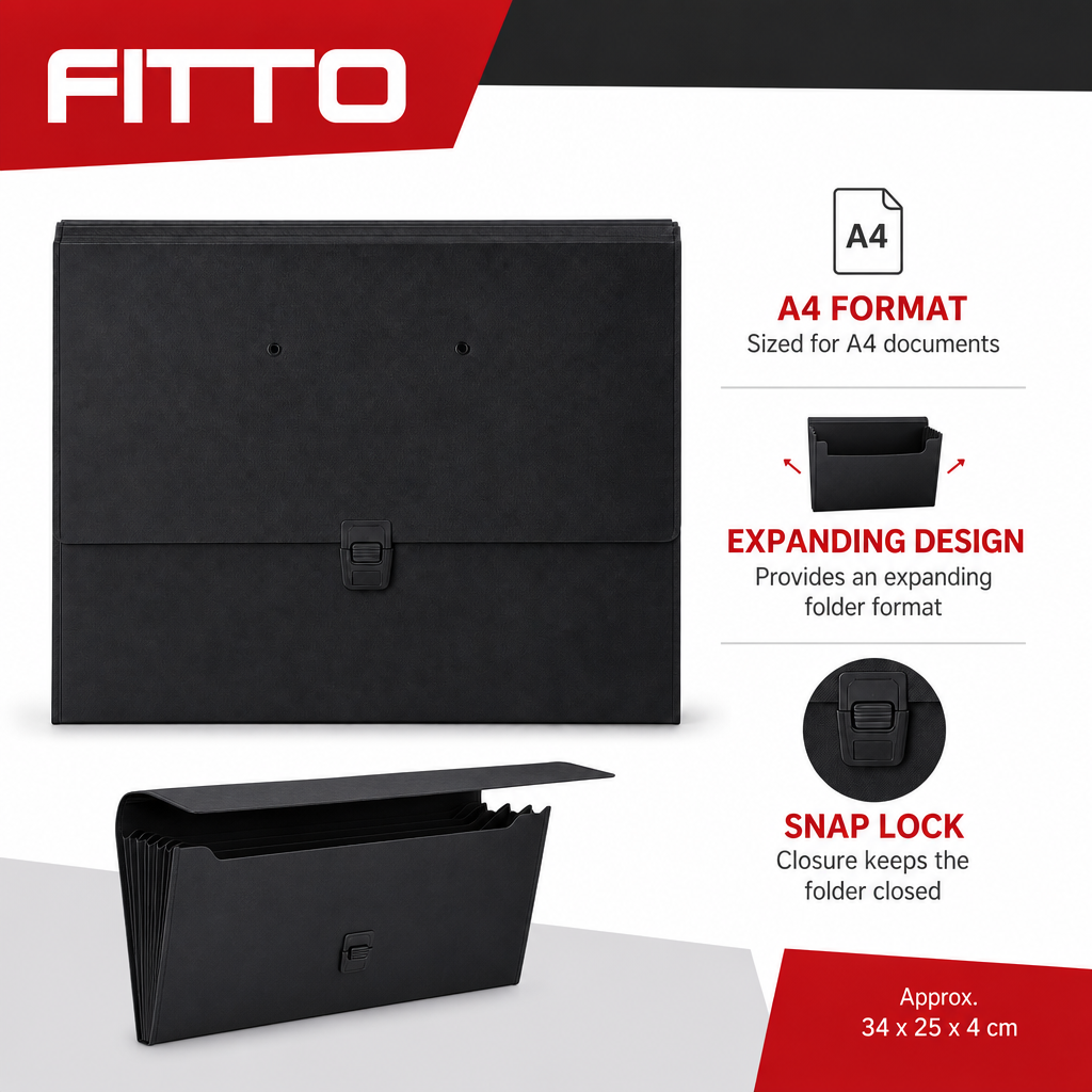 96 Pieces A4 Expanding Document Folder, Black File Organizer with Snap Lock Closure, 1 Piece