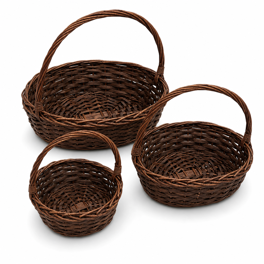 60 Pieces Brown Oval Woven Storage Basket Set with Carry Handles, 13 in, 11 in and 9 in, 3 Pieces