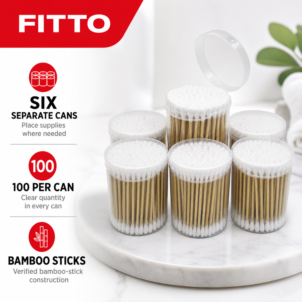 120 Pieces Cotton Buds, Bamboo Sticks with White Cotton Tips in Plastic Cans, 100 Pieces per Can, 6-Pack