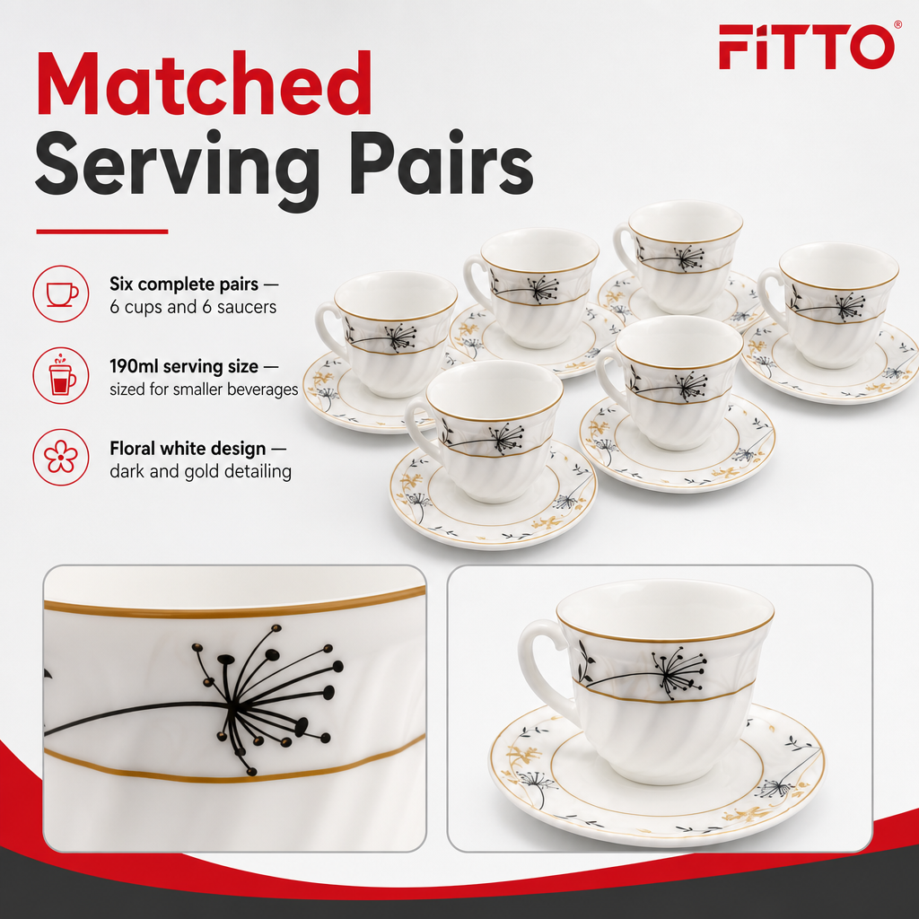 48 Pieces Opal Cup and Saucer Set, 190ml, 12 Pieces, 6 Cups with 6 Saucers, Floral White Design