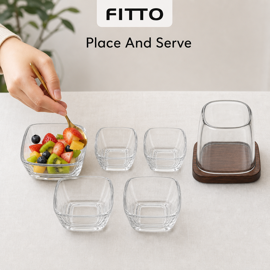 48 Pieces Square Glass Bowl and Cup Set, Clear, 7 Pieces