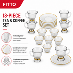 48 Pieces Clear Fluted Glass Tea and Coffee Set with Gold Accents, 18 Pieces