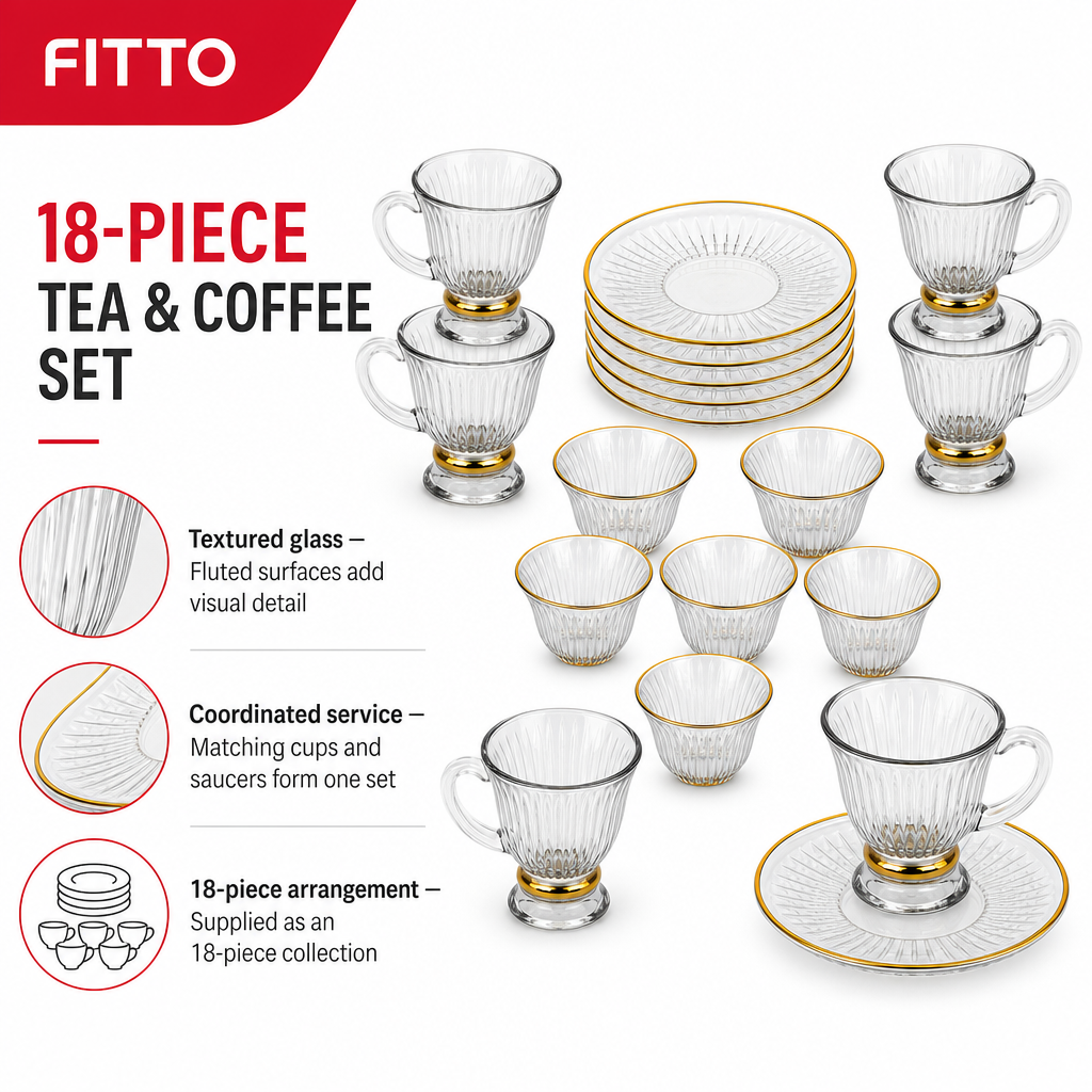 48 Pieces Clear Fluted Glass Tea and Coffee Set with Gold Accents, 18 Pieces