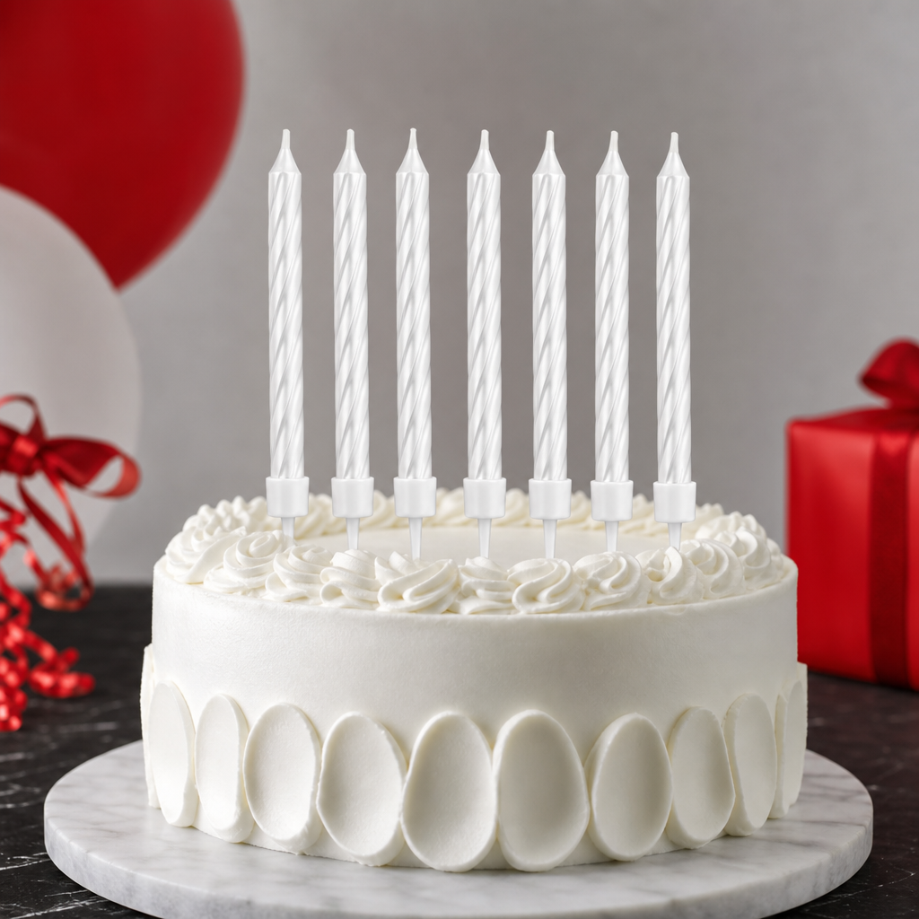 144 Pieces White Birthday Candles, 8 Taper Candles with 8 Holders for Cake Decoration