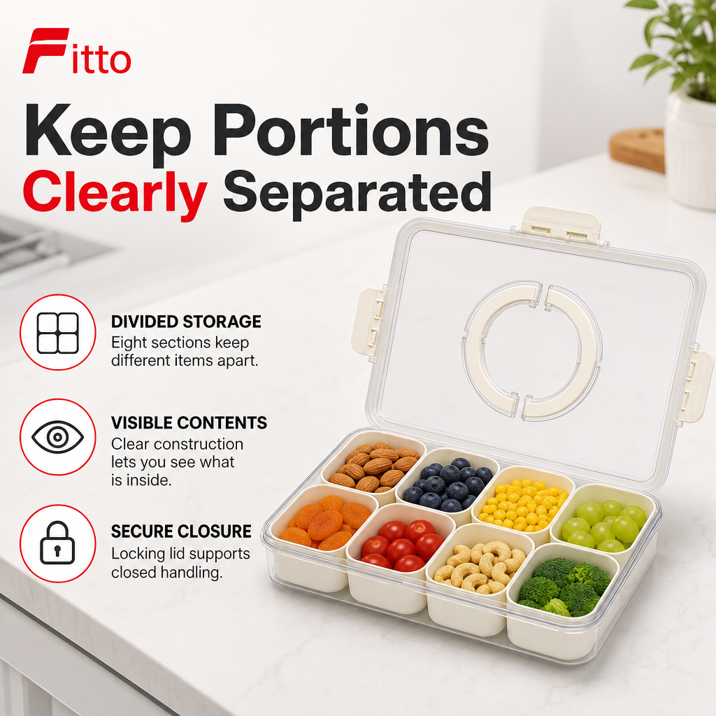 96 Pieces Clear 8-Compartment Food Storage Box with Locking Lid, 29 × 21 × 6.5 cm
